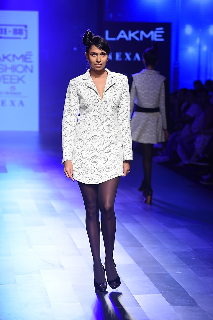 White Lasercut Work Collared Dress by 431-88 By Shweta Kapur