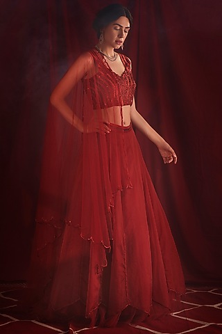 Red Hand Embroidered Lehenga Set by Shloka Sudhakar