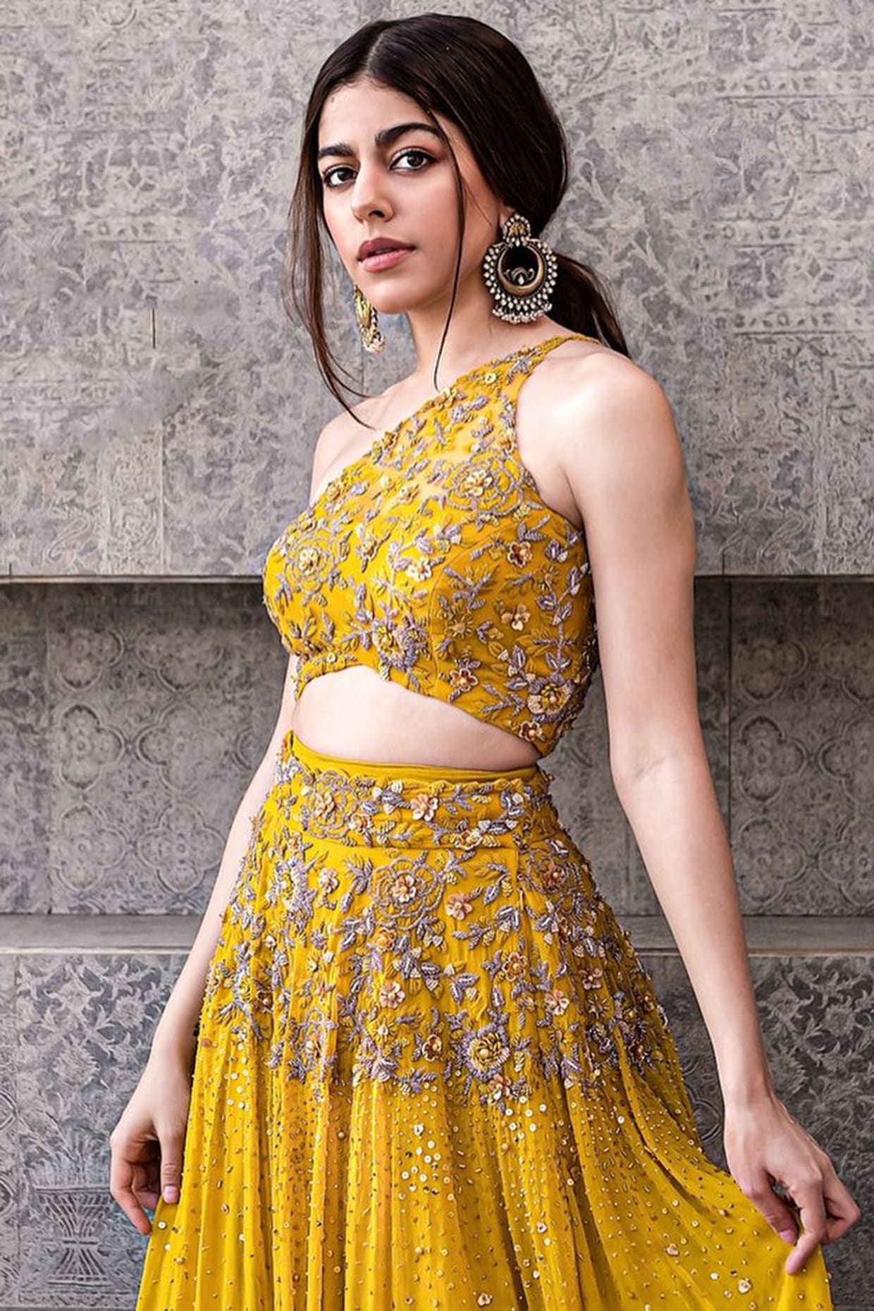 Buy Grey Net Asymmetric Embroidered One Shoulder Lehenga Set For Women by  Vvani by Vani Vats Online at Aza Fashions.