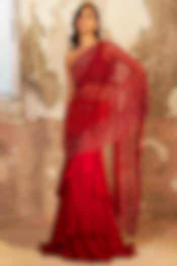 Red Embroidered Skirt Saree Set by SHLOKA KHIALANI