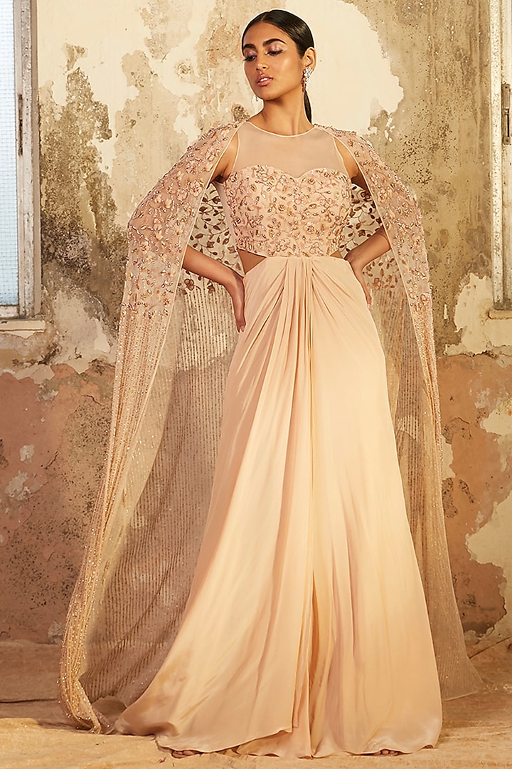 Beige Embroidered Gown With Cape by SHLOKA KHIALANI