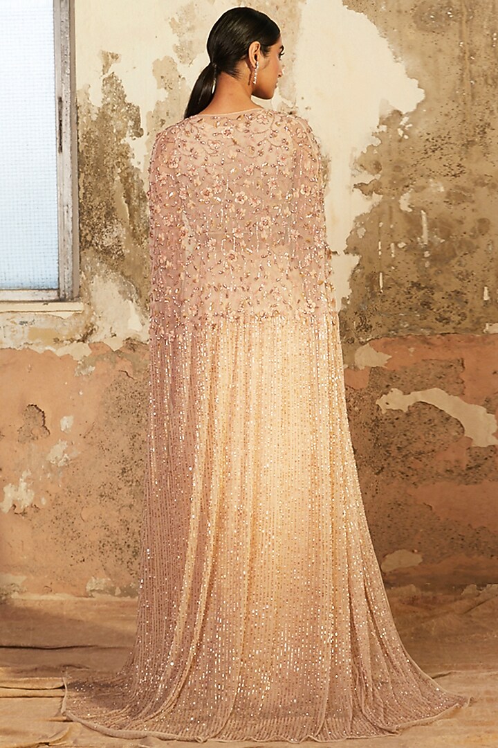 Beige Embroidered Wedding Gown With Cape by SHLOKA KHIALANI at Pernia's Pop Up Shop