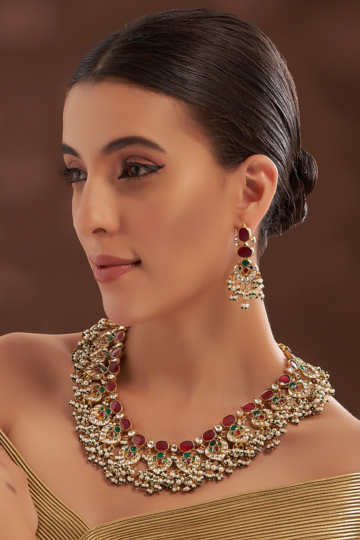 Gold Plated Kundan Polki & Semi-Precious Stone Long Necklace Set by Shlok Jewels at Pernia's Pop Up Shop