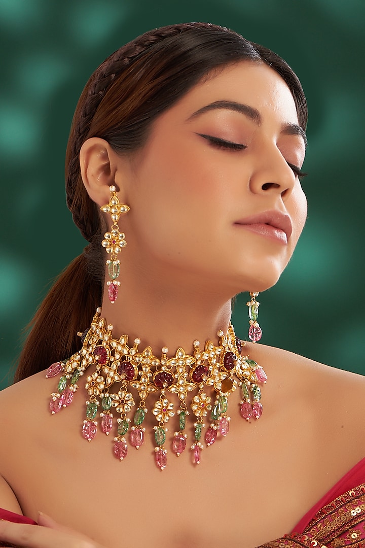 Gold Plated Kundan Polki & Semi-Precious Stone Choker Necklace Set by Shlok Jewels at Pernia's Pop Up Shop