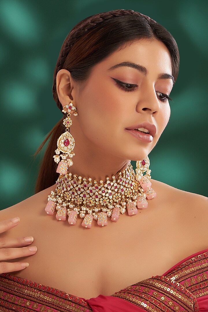 Gold Plated Kundan Polki & Semi-Precious Stone Choker Necklace Set by Shlok Jewels at Pernia's Pop Up Shop