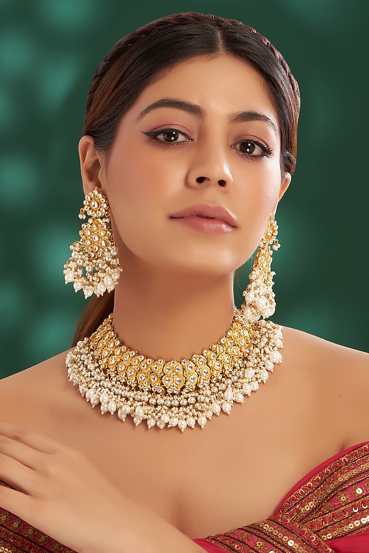 Gold Plated Kundan Polki & Semi-Precious Stone Necklace Set by Shlok Jewels at Pernia's Pop Up Shop