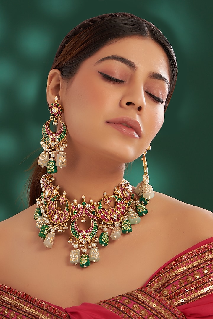 Gold Plated Kundan Polki & Semi-Precious Stone Necklace Set by Shlok Jewels at Pernia's Pop Up Shop