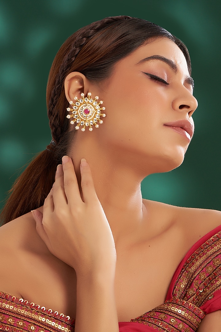 Gold Plated Kundan Polki & Semi-Precious Stone Stud Earrings by Shlok Jewels at Pernia's Pop Up Shop