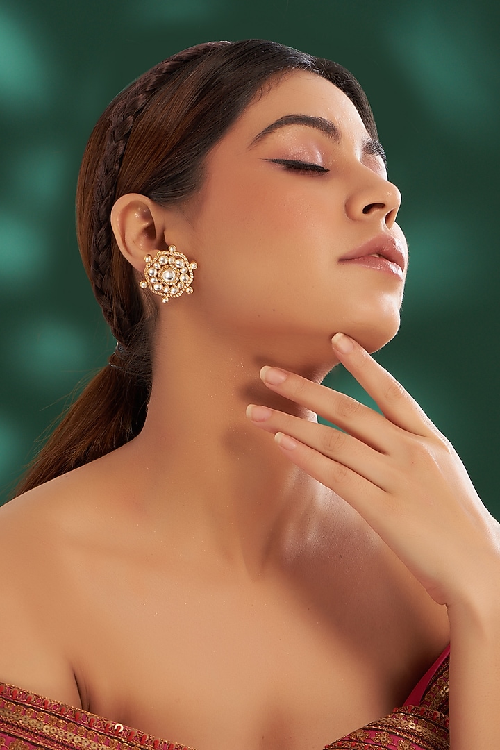 Gold Plated Kundan Polki & Semi-Precious Stone Stud Earrings by Shlok Jewels at Pernia's Pop Up Shop
