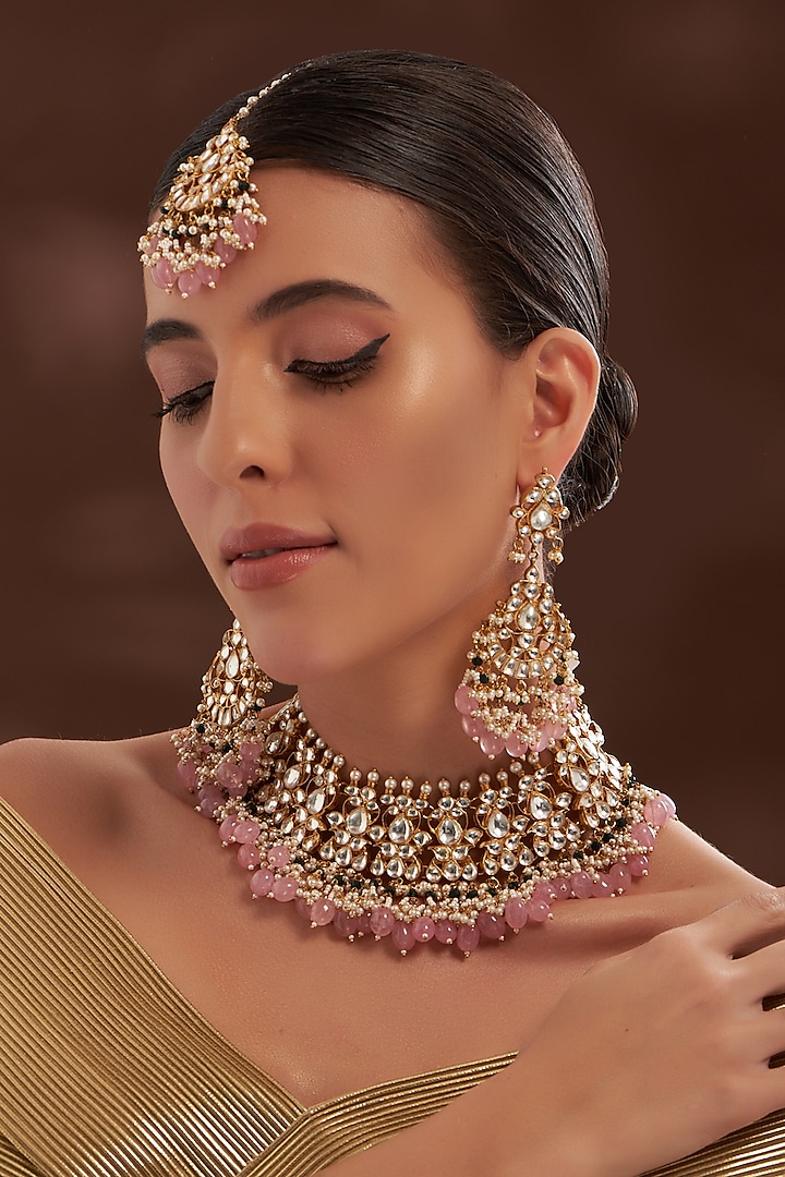Gold Plated Kundan Polki & Semi-Precious Stone Necklace Set by Shlok Jewels at Pernia's Pop Up Shop