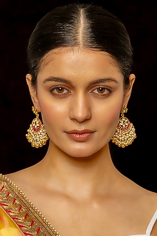 Gold Plated Kundan Polki & Semi-Precious Stone Chandbaali Earrings by Shlok Jewels