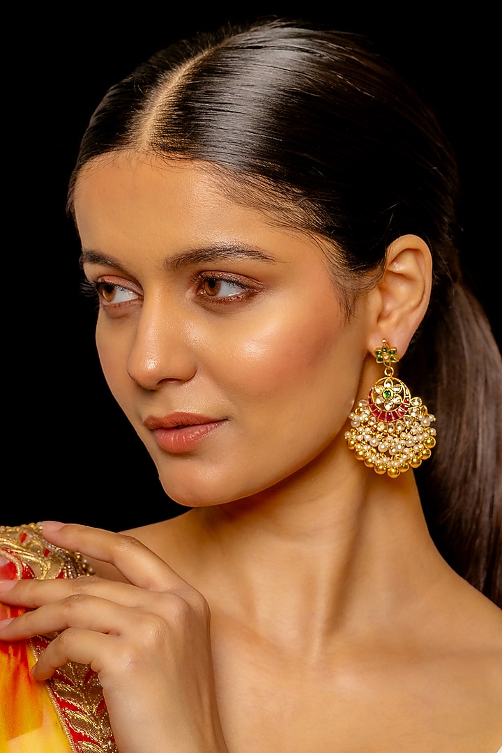 Gold Plated Kundan Polki & Semi-Precious Stone Chandbaali Earrings by Shlok Jewels at Pernia's Pop Up Shop