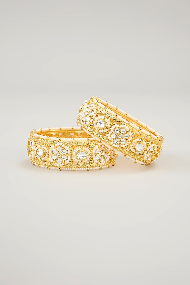 Gold Plated Jadau kundan Polki & Natural Gemstone Bangles (Set of 2) by Shlok Jewels at Pernia's Pop Up Shop