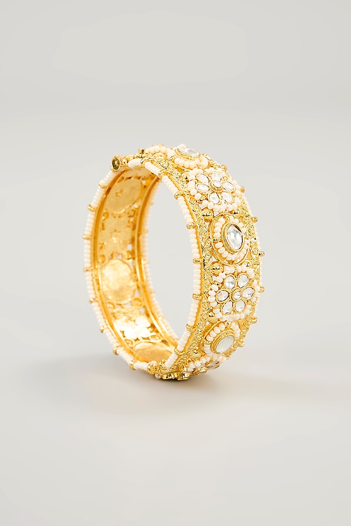 Gold Plated Jadau kundan Polki & Natural Gemstone Bangles (Set of 2) by Shlok Jewels at Pernia's Pop Up Shop