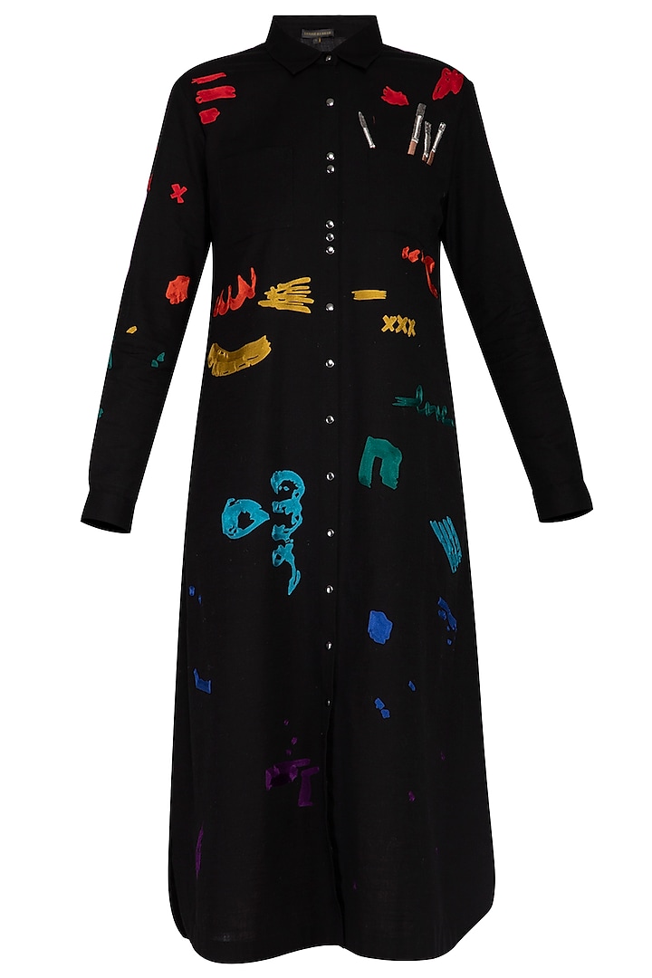 Black embroidered midi shirt dress by Shahin Mannan at Pernia's Pop Up Shop