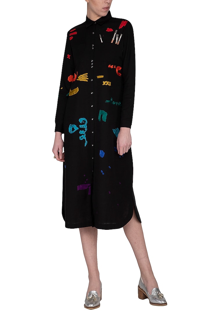 Black embroidered midi Cocktail Shirt Dress by Shahin Mannan at Pernia's Pop Up Shop