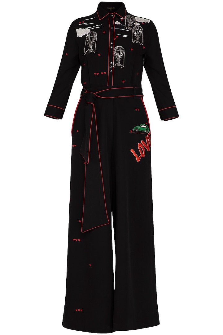 Black embroidered jumpsuit by Shahin Mannan