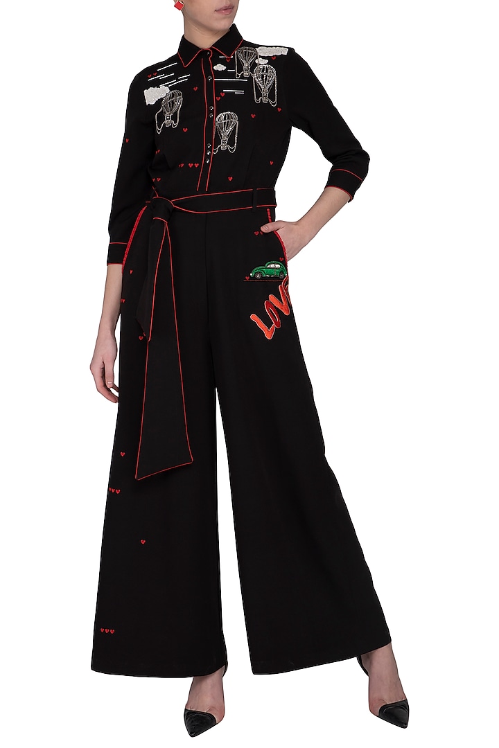 Black embroidered jumpsuit by Shahin Mannan at Pernia's Pop Up Shop