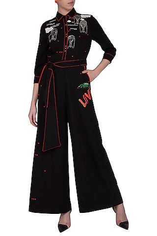 Black embroidered jumpsuit by Shahin Mannan