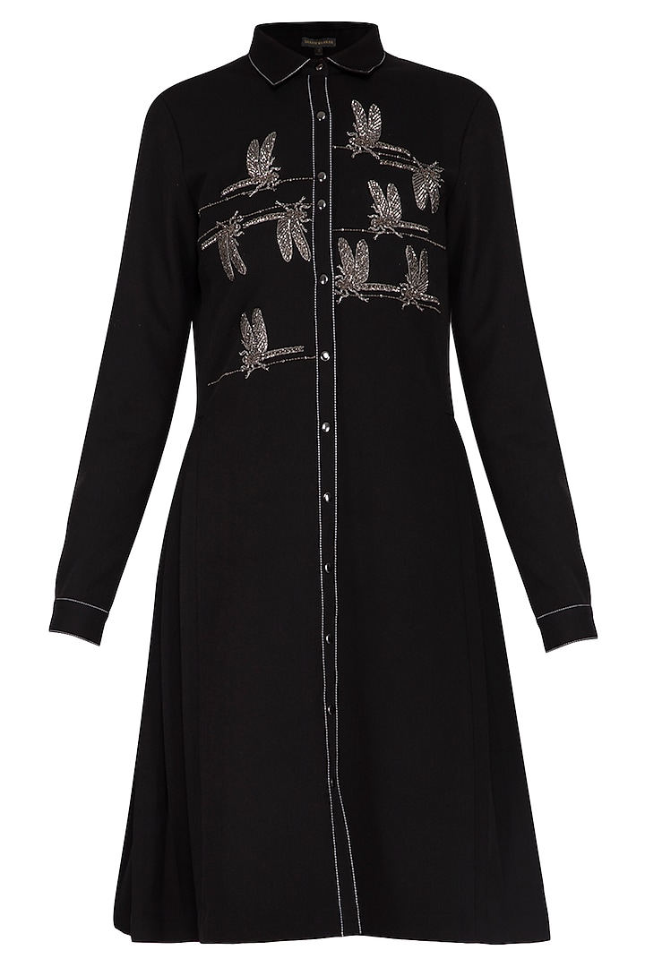 Black embroidered shirt dress by Shahin Mannan