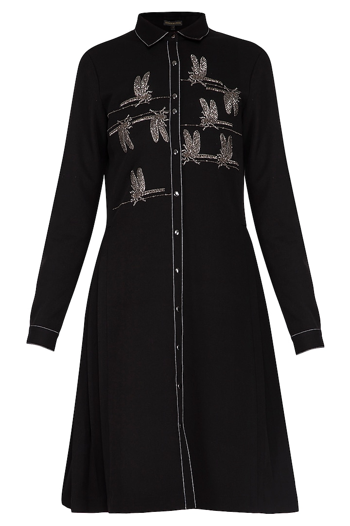 Black embroidered shirt dress by Shahin Mannan at Pernia's Pop Up Shop