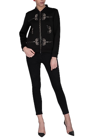 Black embroidered bomber jacket by Shahin Mannan