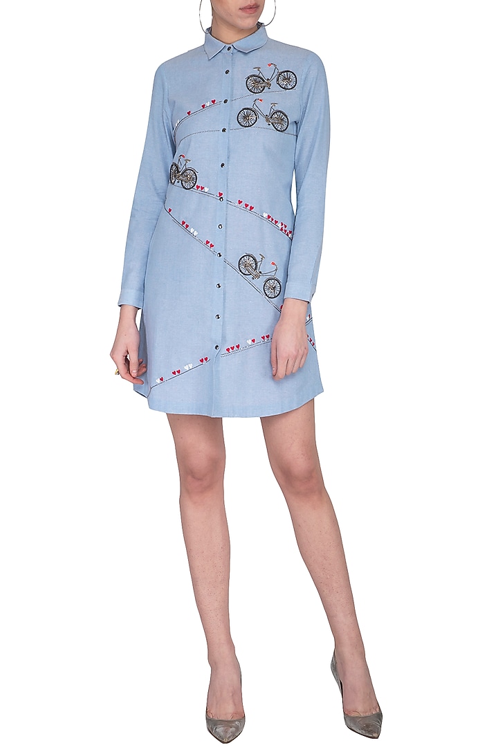 Light blue embroidered Vacation Shirt Dress by Shahin Mannan at Pernia's Pop Up Shop