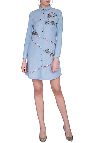 Light blue embroidered shirt dress by Shahin Mannan