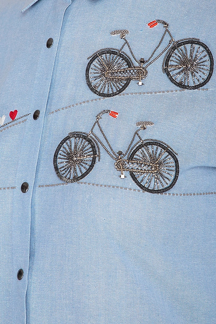 Light blue embroidered Vacation Shirt Dress by Shahin Mannan at Pernia's Pop Up Shop