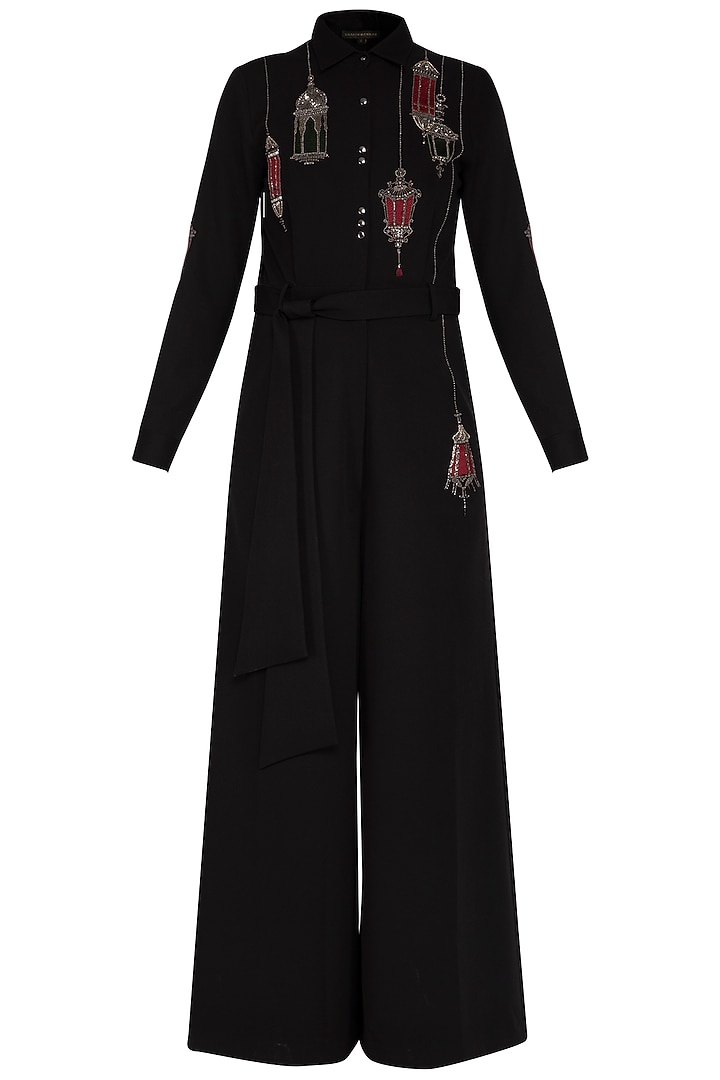 Black hanging lamp embroidered jumpsuit by Shahin Mannan at Pernia's Pop Up Shop