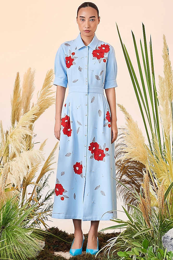 Light Blue Embroidered Midi Cocktail Dress by Shahin Mannan at Pernia's Pop Up Shop
