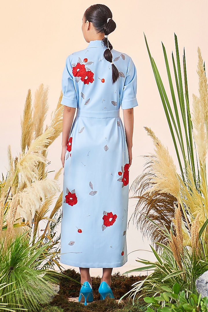 Light Blue Embroidered Midi Cocktail Dress by Shahin Mannan at Pernia's Pop Up Shop