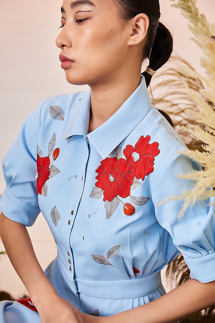 Light Blue Embroidered Midi Cocktail Dress by Shahin Mannan at Pernia's Pop Up Shop