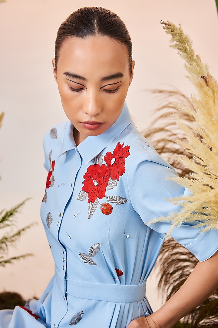 Light Blue Embroidered Midi Cocktail Dress by Shahin Mannan at Pernia's Pop Up Shop