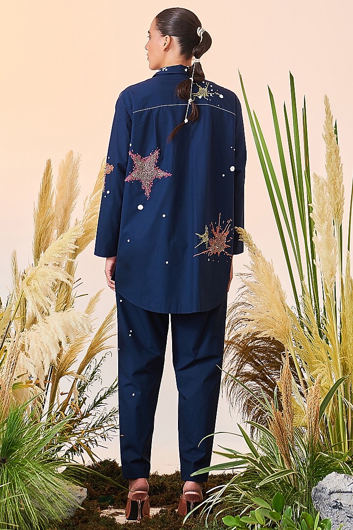 Navy Blue Oversized Embroidered Shirt by Shahin Mannan at Pernia's Pop Up Shop