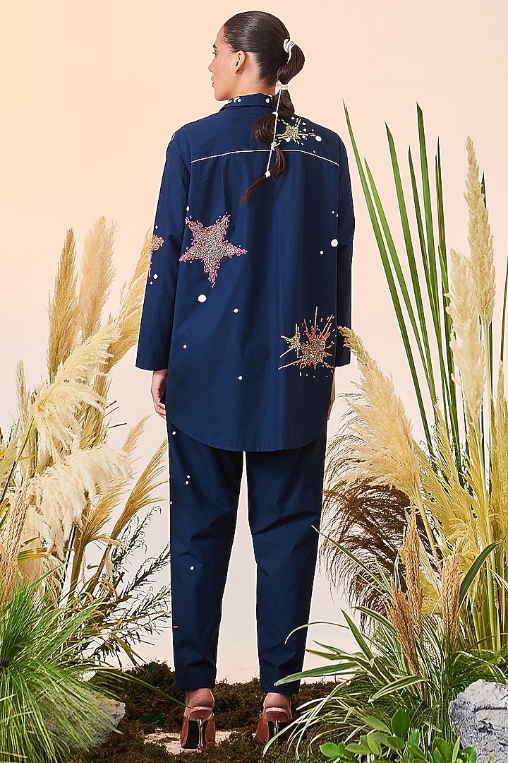 Navy Blue Embroidered Pants by Shahin Mannan at Pernia's Pop Up Shop