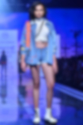 Powder Blue Oversized Embroidered Jacket by Shahin Mannan