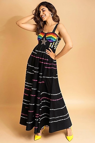 Black Crepe Embroidered Corset Dress by Shahin Mannan