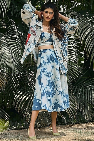 Blue Cloud Washed Denim Skirt Set by Shahin Mannan