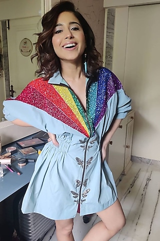Powder Blue Embroidered Jacket Dress by Shahin Mannan