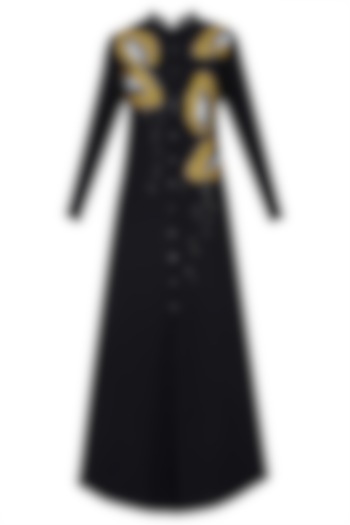 Black Embroidered Papaya Motifs Long Shirt Dress by Shahin Mannan