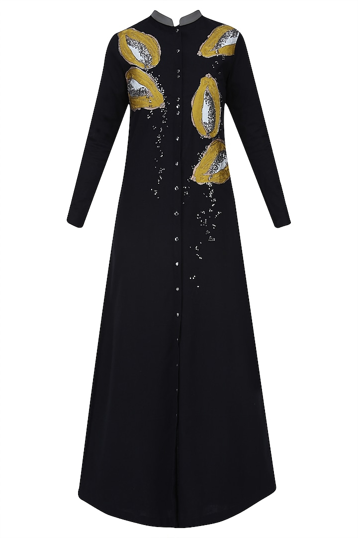 Black Embroidered Papaya Motifs Long Shirt Dress by Shahin Mannan