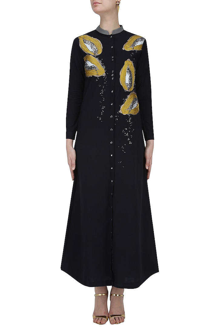 Papaya L S Wrap Long Dress Black Aop Graphic