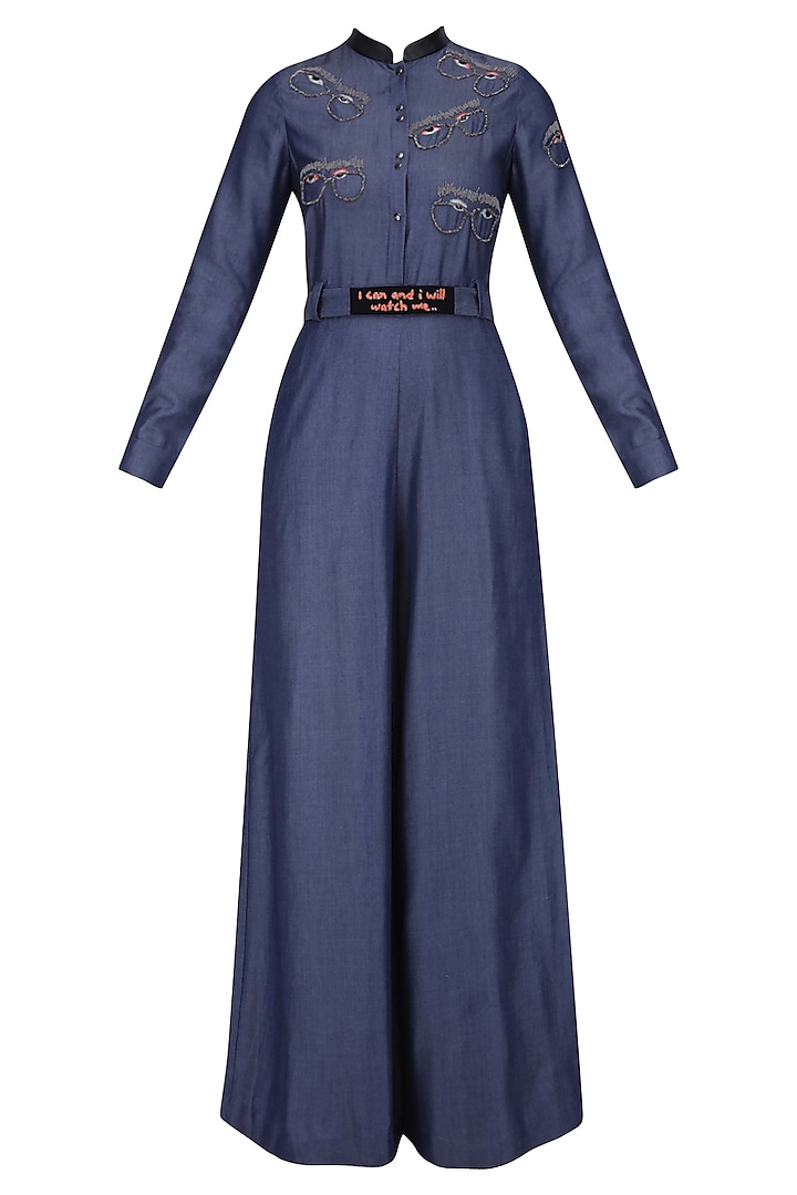 Blue Embroidered Specky Eyes Motifs Jumpsuit by Shahin Mannan