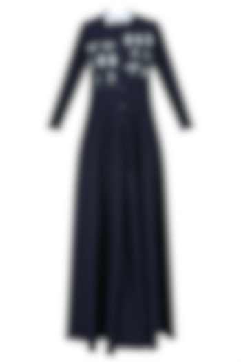 Navy Blue Embroidered Insect Motifs Long Flared Dress by Shahin Mannan