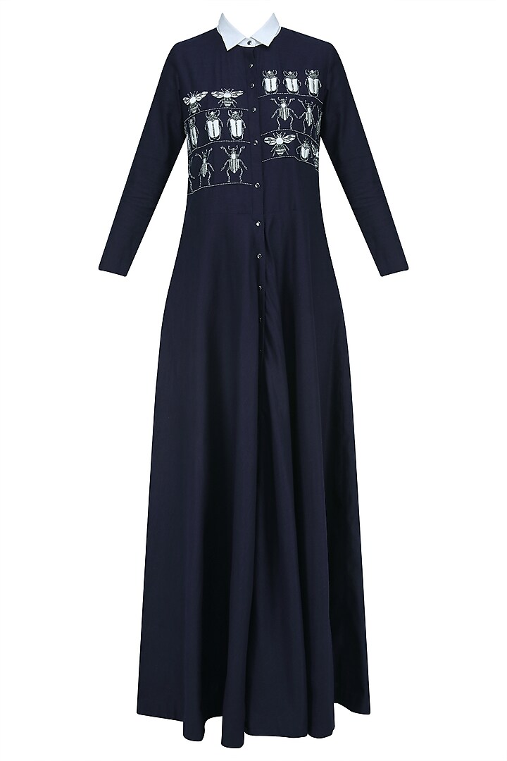 Navy Blue Embroidered Insect Motifs Long Flared Dress by Shahin Mannan