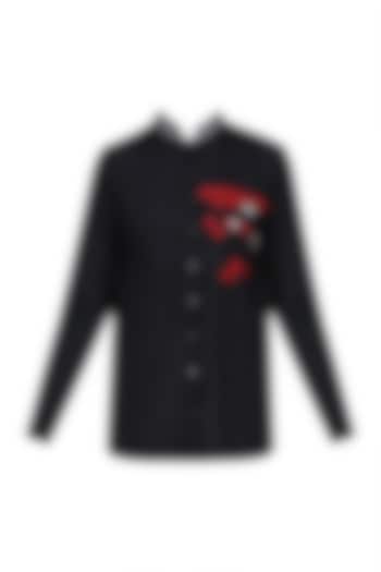 Black and Red Hearts Embroidered Asymmetric Shirt by Shahin Mannan