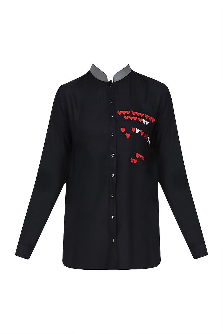 Black and Red Hearts Embroidered Asymmetric Shirt by Shahin Mannan