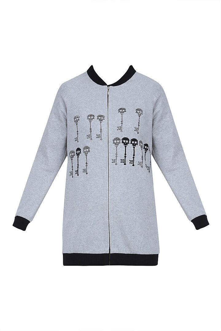 Grey Embroidered Skeleton Key Motifs Bomber Jacket by Shahin Mannan