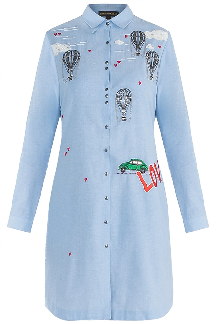 Light blue embroidered shirt dress by SHAHIN MANNAN